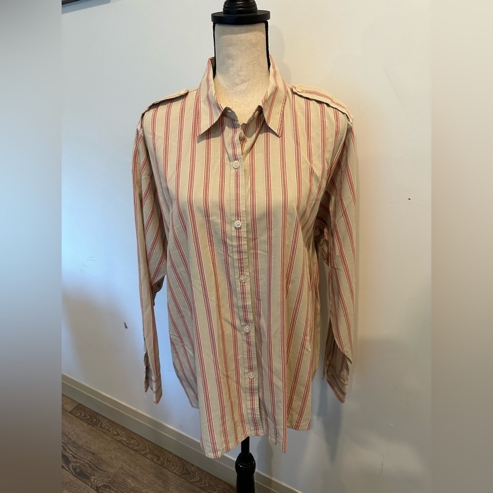 Lauren Ralph Lauren  Cotton Pin Stripe Button Front Shirt Blouse SZ 2X Military